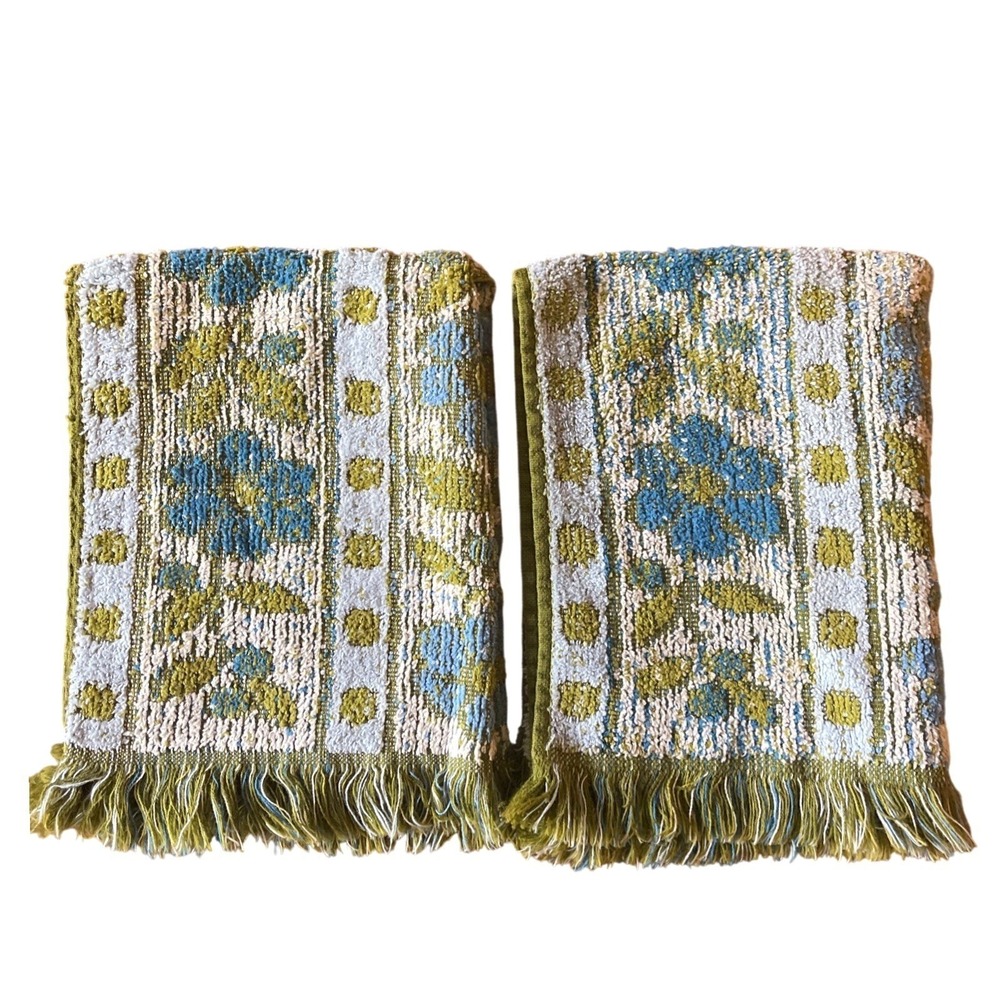 Vtg Cannon Royal Family Hand Towel Green Blue Daisy Flower 16x12 MCM 70s